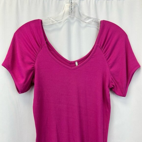 Bke Core Womens Crop Top Pink Short Sleeve Puff V Neck Stretch Ribbed S - Picture 4 of 9